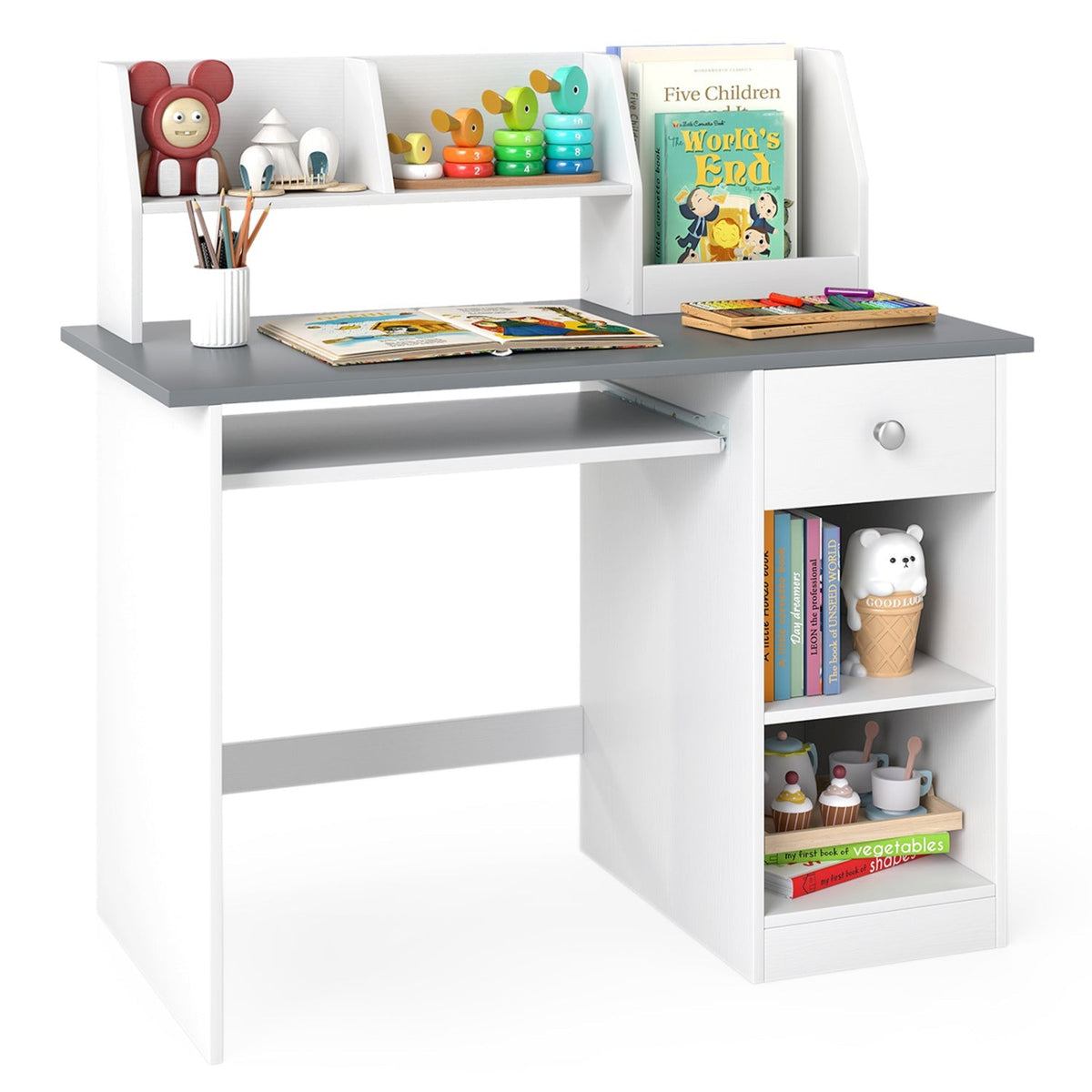 Kids Study Desk with Hutch, Drawer & Shelves, photo 3 of 8