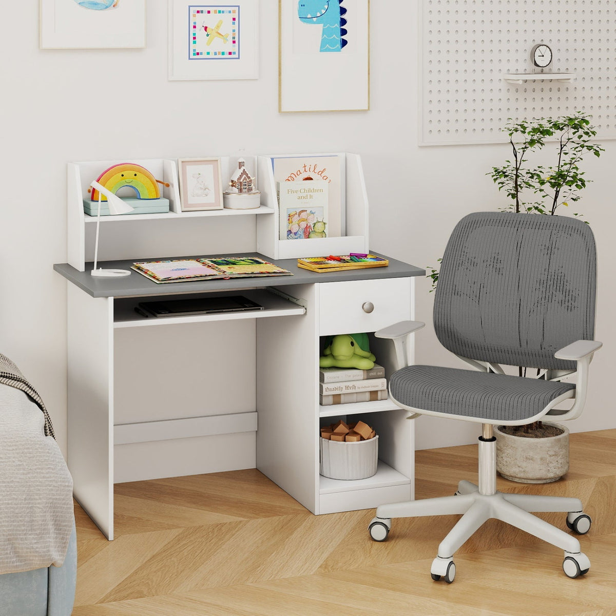 Kids Study Desk with Hutch, Drawer & Shelves, photo 6 of 8