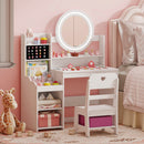 Kids Vanity Desk with Mirror and Lights Princess Pretend Play Dressing Table and Chair Set