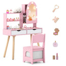 Kids Vanity Set Pretend Play Dressing Table Set with 3-Color Lighting Modes Adjustable Brightness and Mirror Cabinet by LJGDeals