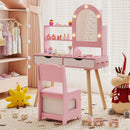 Kids Vanity Set Pretend Play Dressing Table Set with 3-Color Lighting Modes Adjustable Brightness and Mirror Cabinet by LJGDeals