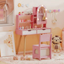 Kids Vanity Set Pretend Play Dressing Table Set with 3-Color Lighting Modes Adjustable Brightness and Mirror Cabinet by LJGDeals