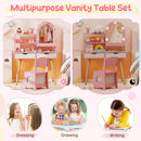 Kids Vanity Set Pretend Play Dressing Table Set with 3-Color Lighting Modes Adjustable Brightness and Mirror Cabinet