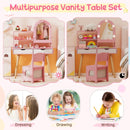 Kids Vanity Set Pretend Play Dressing Table Set with 3-Color Lighting Modes Adjustable Brightness and Mirror Cabinet by LJGDeals
