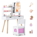 Kids Vanity Set Pretend Play Dressing Table Set with 3-Color Lighting Modes Adjustable Brightness and Mirror Cabinet