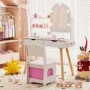 Kids Vanity Set Pretend Play Dressing Table Set with 3-Color Lighting Modes Adjustable Brightness and Mirror Cabinet by LJGDeals