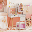Kids Vanity Set Pretend Play Dressing Table Set with 3-Color Lighting Modes Adjustable Brightness and Mirror Cabinet by LJGDeals