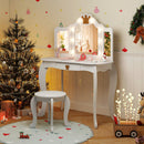 Kids Vanity Set with Tri-fold Lighted Mirror Detachable Top and Stool
