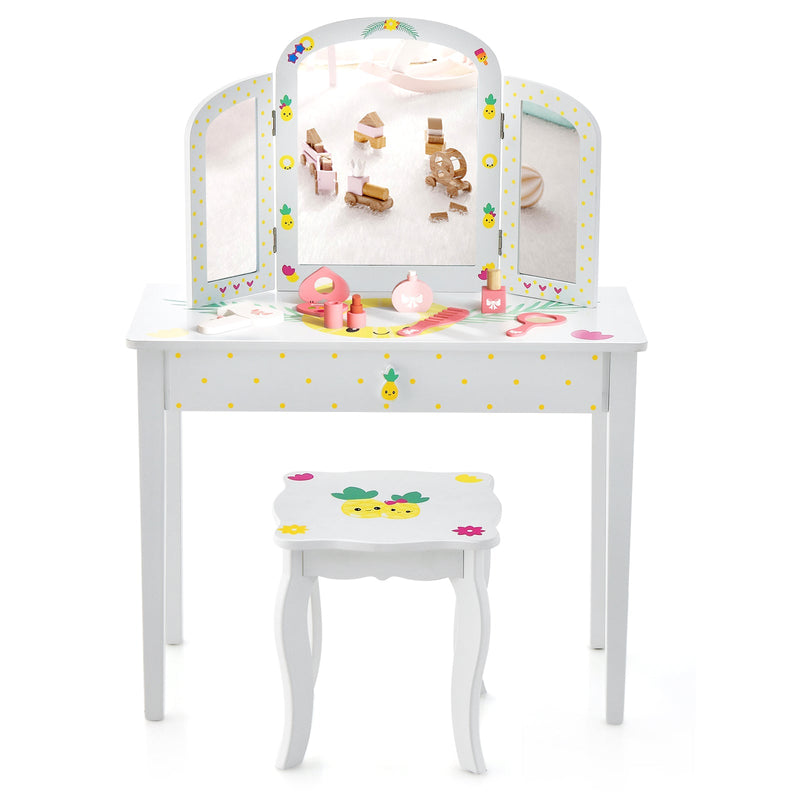 Kids Vanity Table Set with Tri-Folding Mirror and Large Drawer-White, photo 4 of 8