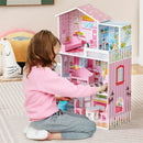 Kids Wooden Dollhouse Playset with 5 Simulated Rooms and 10 Pieces of Furniture-Pink by LJGDeals
