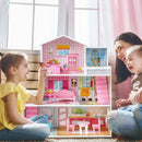Kids Wooden Dollhouse Playset with 5 Simulated Rooms and 10 Pieces of Furniture-Pink by LJGDeals