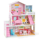 Kids Wooden Dollhouse Playset with 5 Simulated Rooms and 10 Pieces of Furniture-Pink by DirectDeals