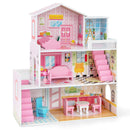 Kids Wooden Dollhouse Playset with 5 Simulated Rooms and 10 Pieces of Furniture-Pink by LJGDeals