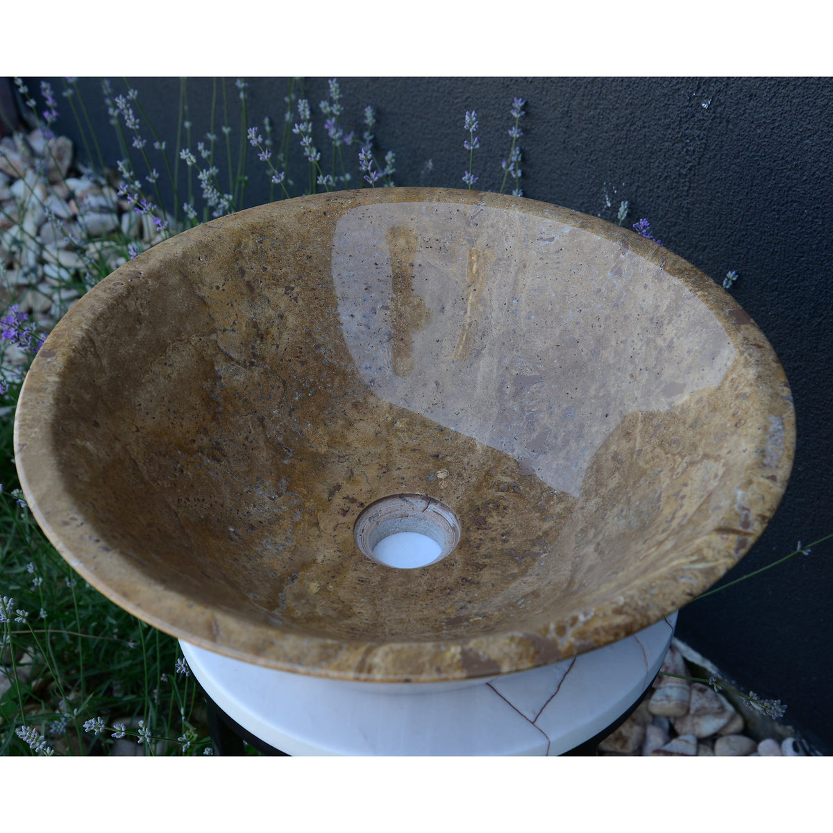Noce Brown Travertine Vessel Sink - Handcrafted Carved Round, photo 2 of 10