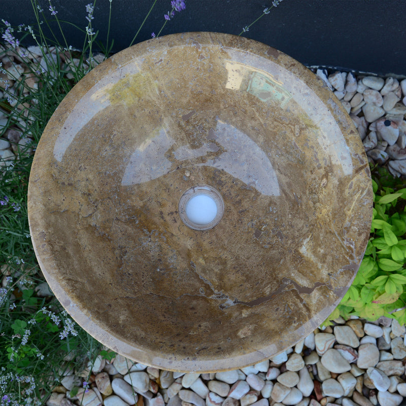 Noce Brown Travertine Vessel Sink - Handcrafted Carved Round, photo 8 of 10