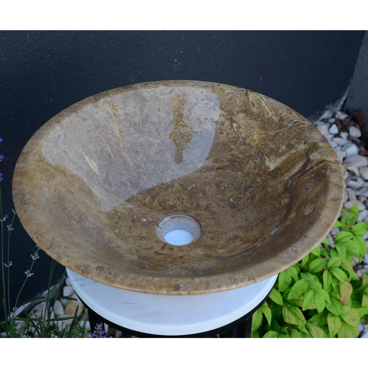 Noce Brown Travertine Vessel Sink - Handcrafted Carved Round, photo 9 of 10