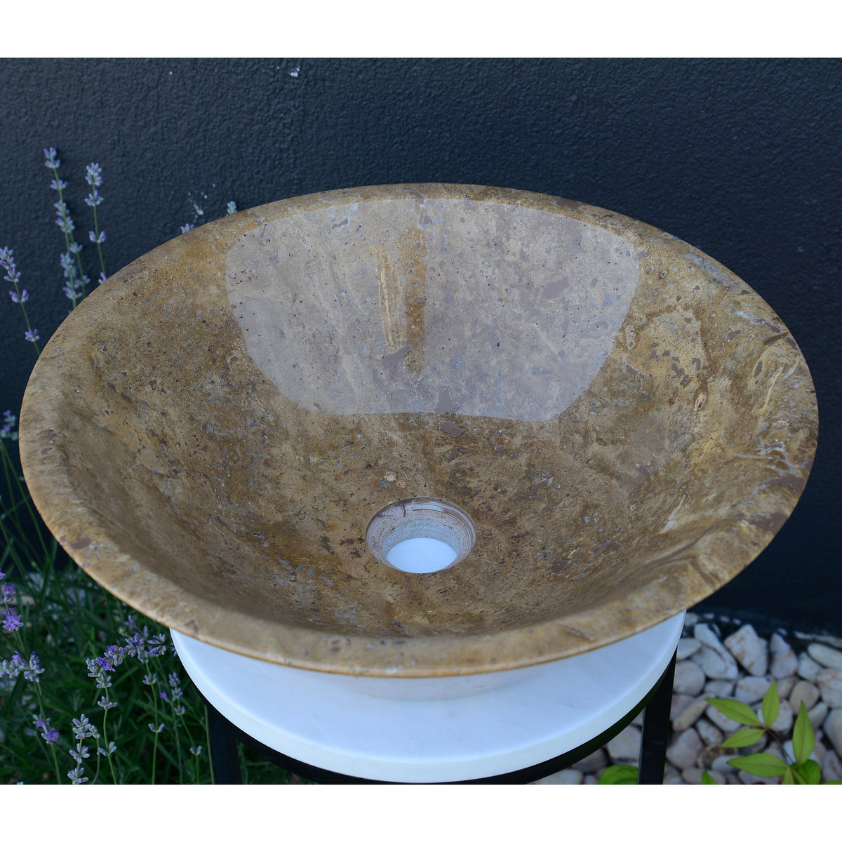 Noce Brown Travertine Vessel Sink - Handcrafted Carved Round, photo 6 of 10