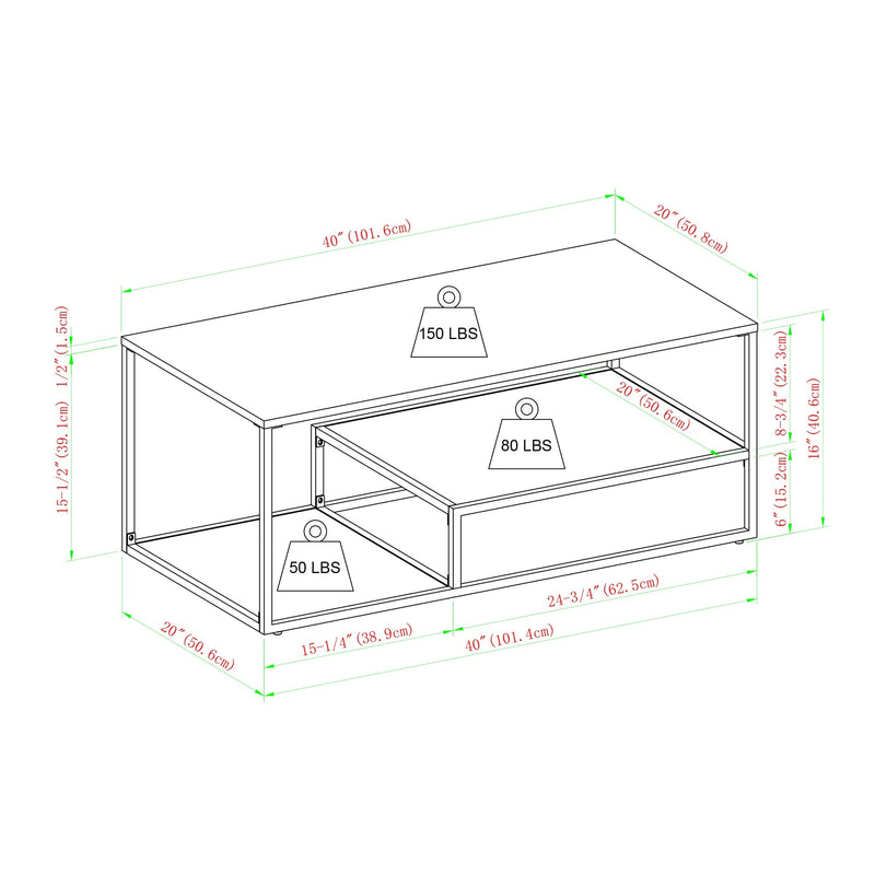 Fasi 40" Metal and Wood Coffee Table with Tiered Shelves