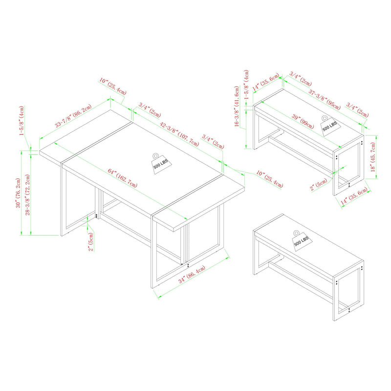 Vance Modern Industrial 3-Piece Metal and Wood Rectangle Dining Set