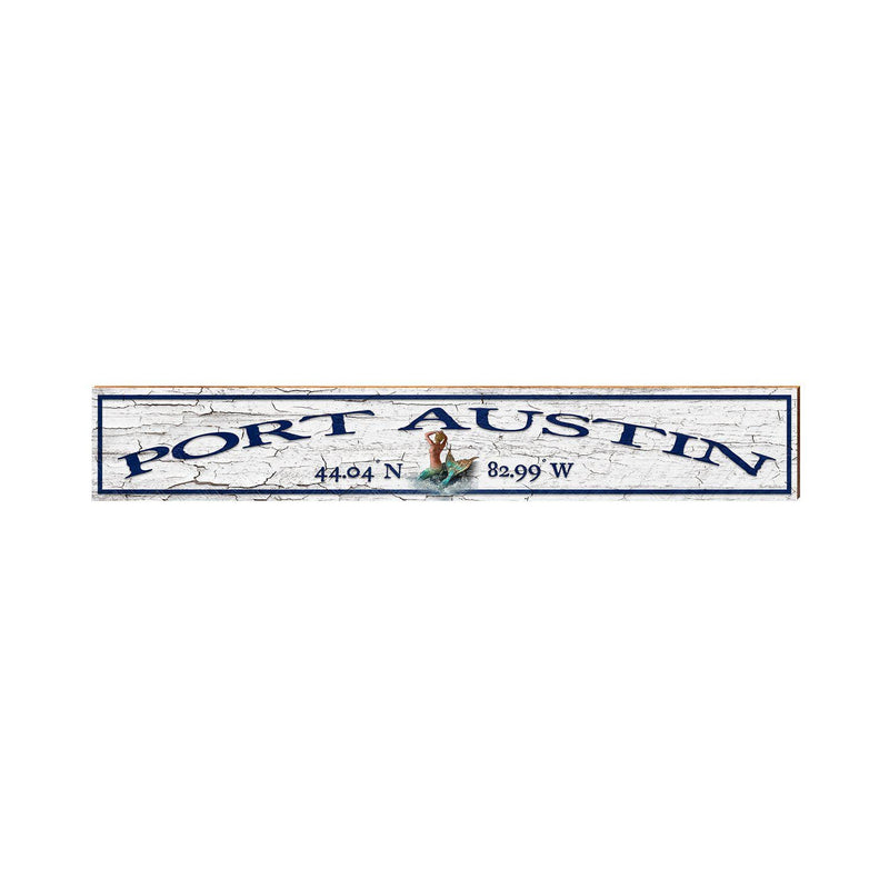 Port Austin Mermaid White Latitude Longitude | Wall Art Print on Real Wood