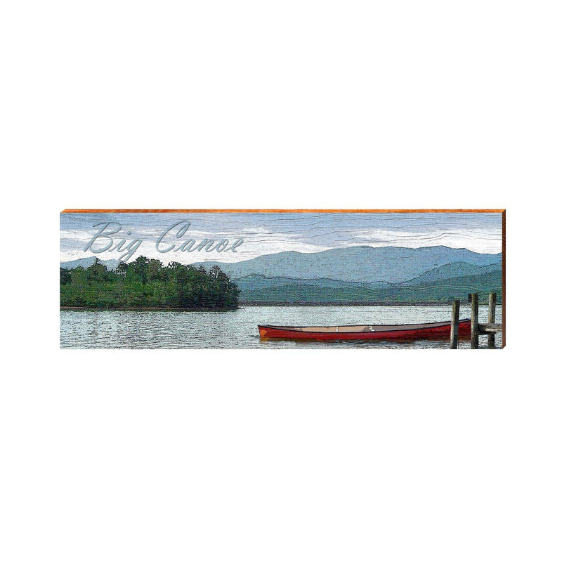 Big Canoe Red Canoe on Lake with Mountains | Wall Art Print on Real Wood