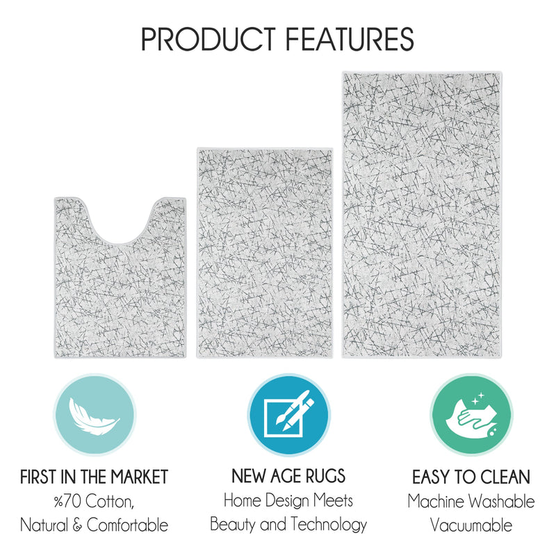 Geometric Design 3 Piece Bathroom Rugs Set |White