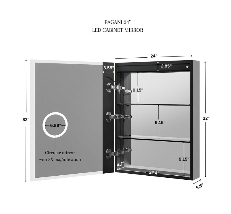 Pagani LED Mirror Cabinet with Defogger, Dimmer, Magnifier & USB outlet