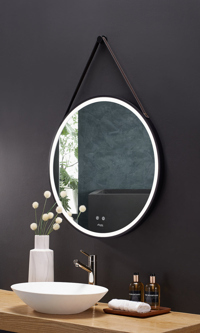 Sangle Round LED Mirror Black Framed Lighted Bathroom Vanity Mirror and Vegan Leather Strap