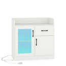 LED Buffet Sideboard with Charging Station with Drawer and Translucent Fluted Door-White by LJGDeals