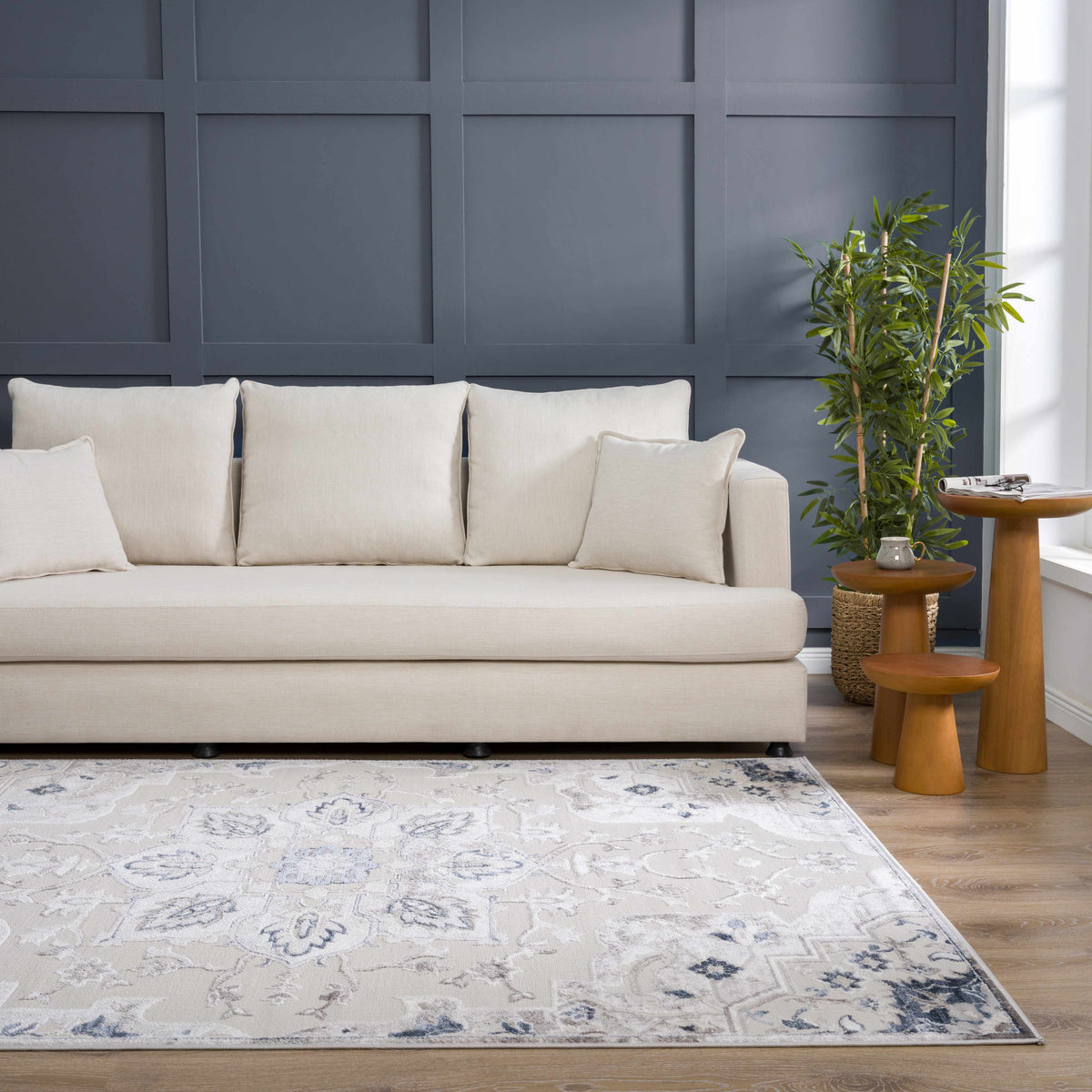 Calum Blue & Gray Area Rug, installed in a room