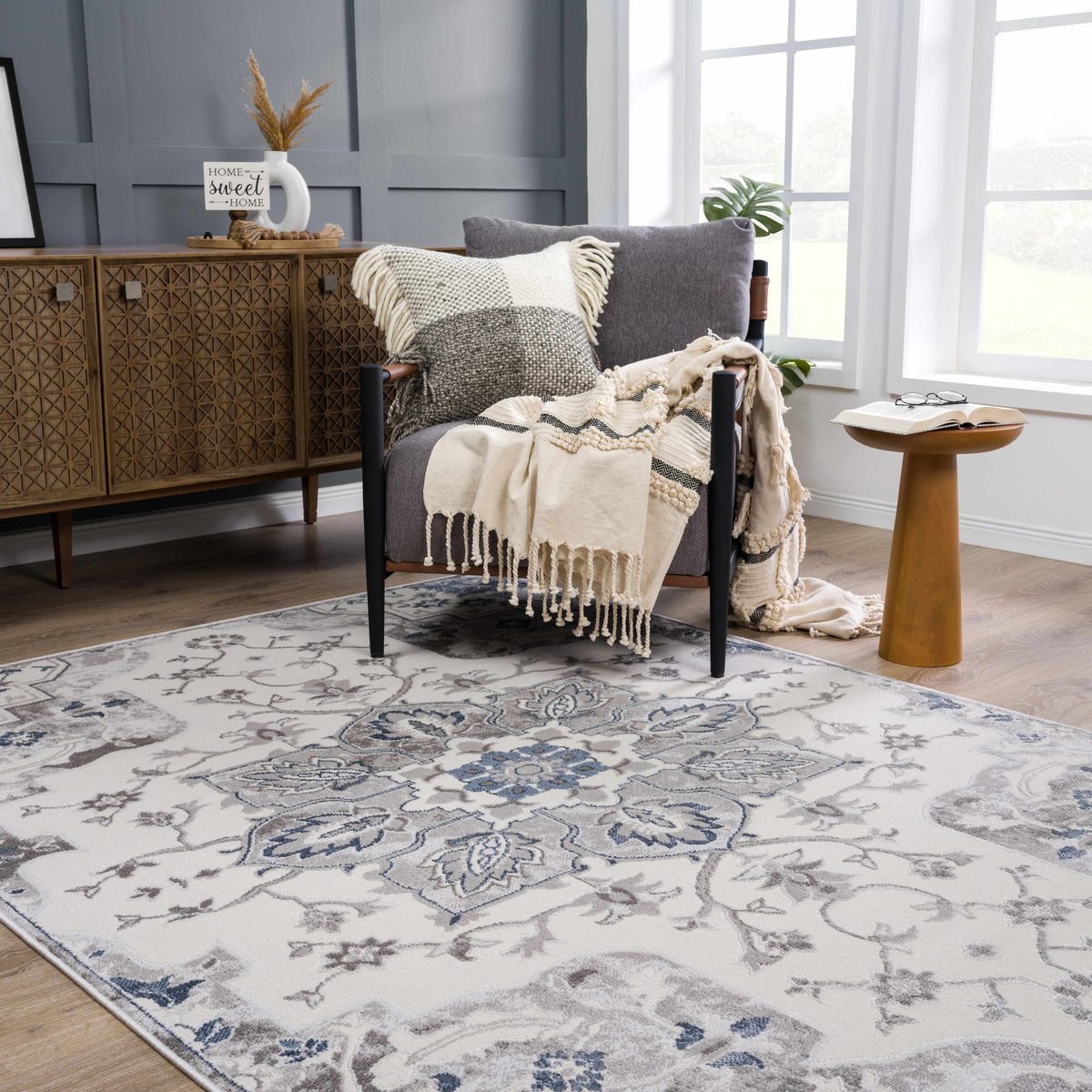 Calum Blue & Gray Area Rug, installed in a room
