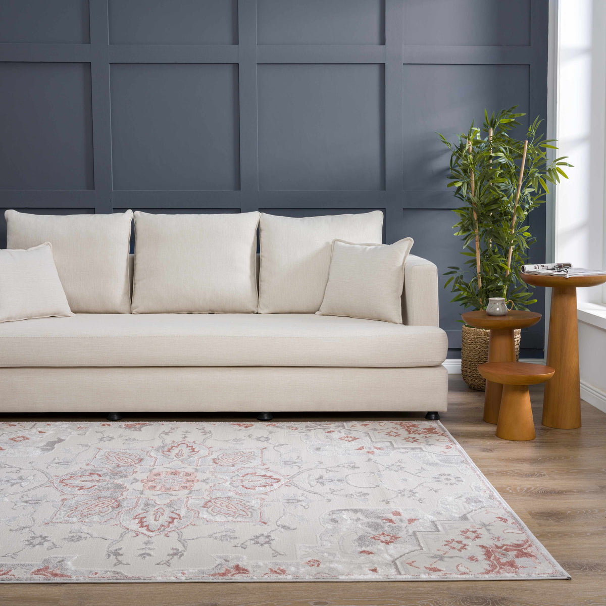 Calum Pink & Gray Area Rug, installed in a room