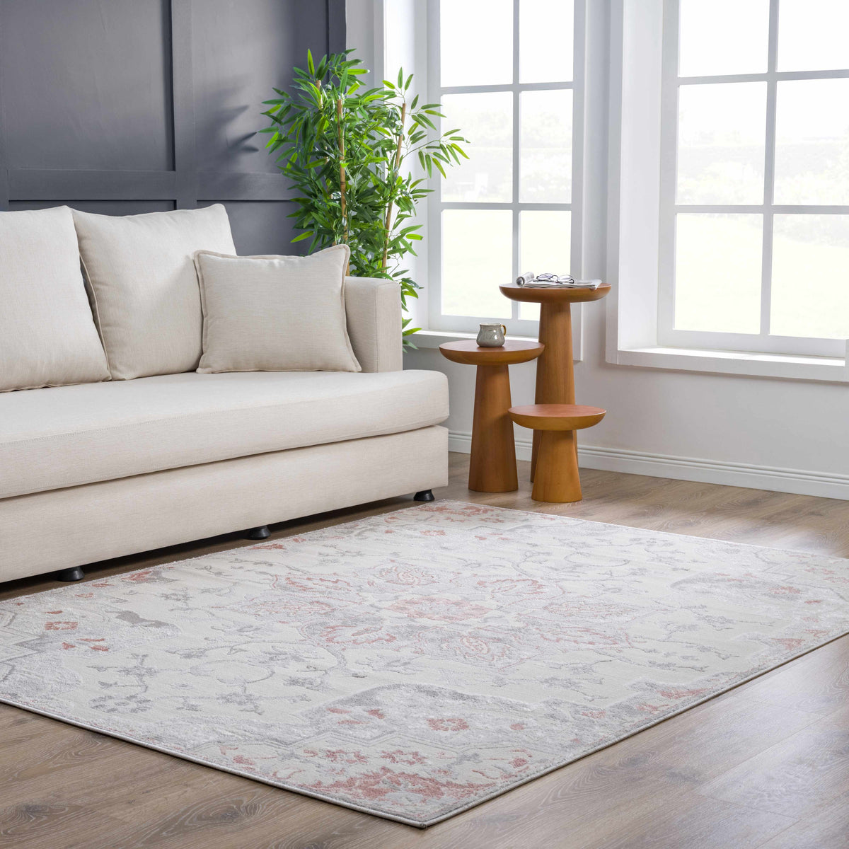 Calum Pink & Gray Area Rug, installed in a room