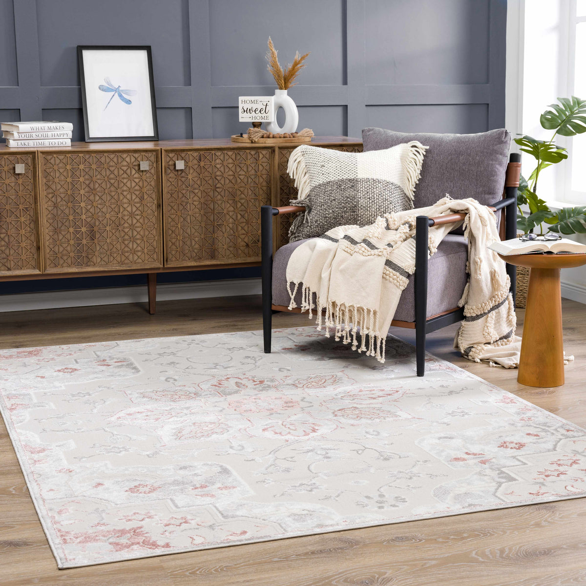 Calum Pink & Gray Area Rug, installed in a room