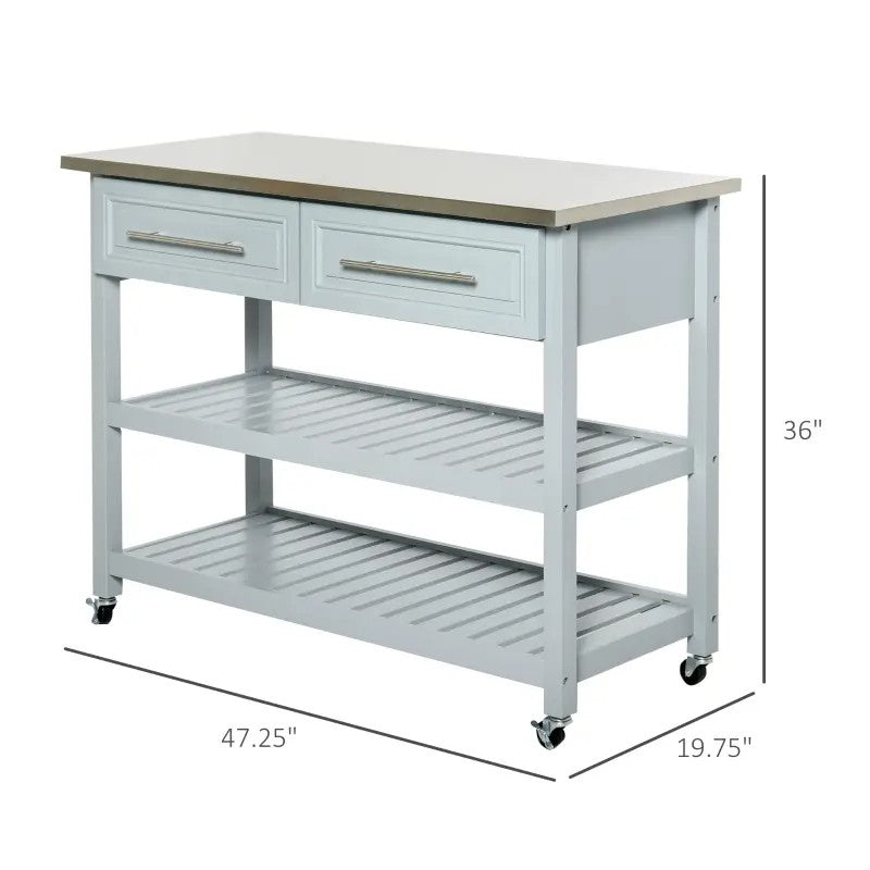 Light Gray Rolling Kitchen Island 2 Drawers Storage with Stainless Steel Top, photo 4 of 4