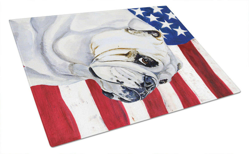 USA American Flag with English Bulldog Glass Cutting Board Large