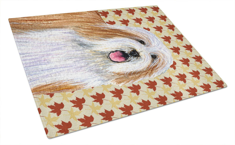 Bearded Collie Fall Leaves Portrait Glass Cutting Board Large