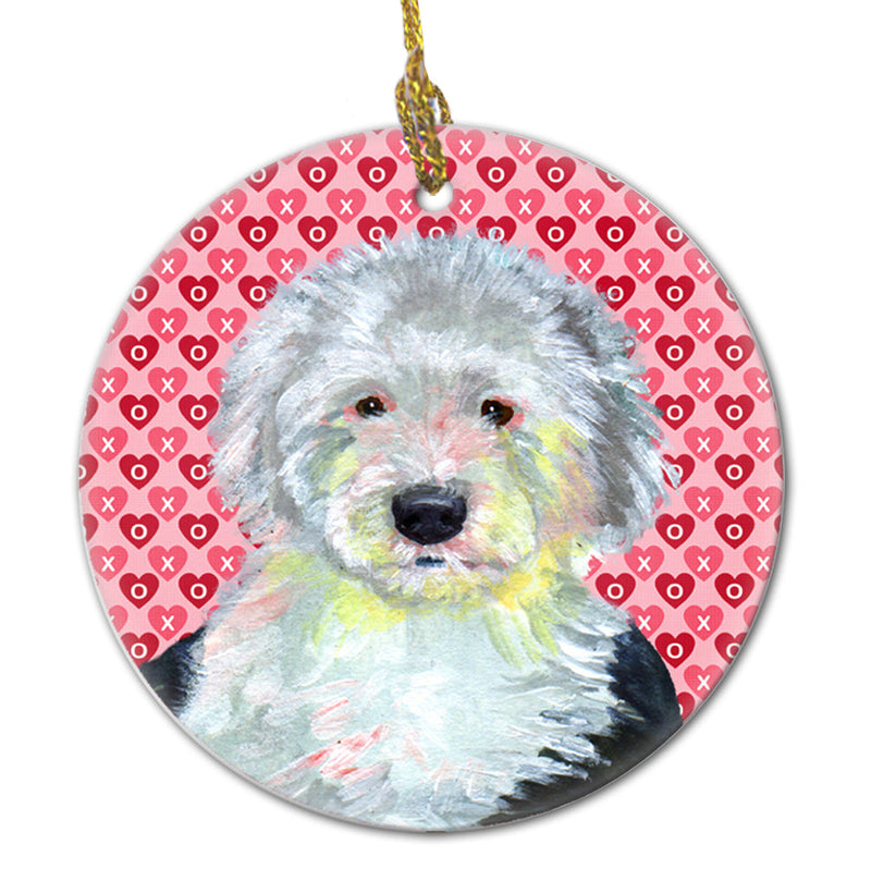 Old English Sheepdog Valentine's Love and Hearts Ceramic Ornament
