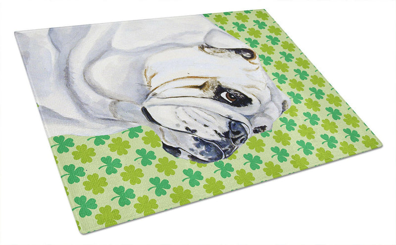 Bulldog English St. Patrick's Day Shamrock Portrait Glass Cutting Board Large