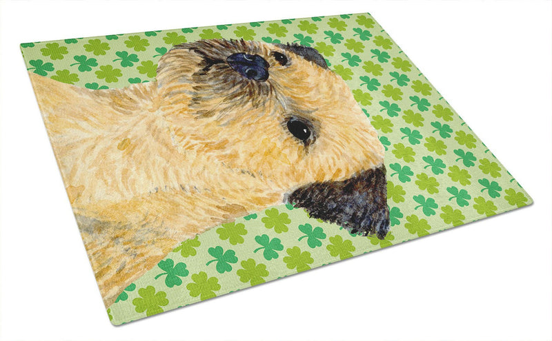 Border Terrier St. Patrick's Day Shamrock Portrait Glass Cutting Board Large