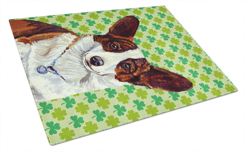 Corgi St. Patrick's Day Shamrock Portrait Glass Cutting Board Large