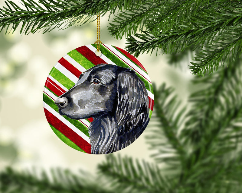 Flat Coated Retriever Candy Cane Holiday Christmas Ornament - Round Ceramic Ornament – Artist-Designed Keepsake Decoration LH9231