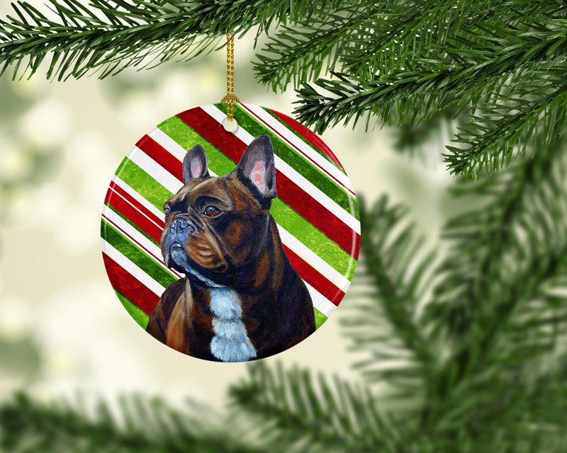 French Bulldog Candy Cane Holiday Christmas Ornament - Round Ceramic Ornament – Artist-Designed Keepsake Decoration LH9250