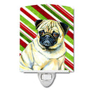 Pug Candy Cane Holiday Christmas Ceramic Night Light Compact, UL-Certified, Ideal for Bedroom, Bathroom, Nursery, Hallway, Kitchen, 6x4x3, Multicolor
