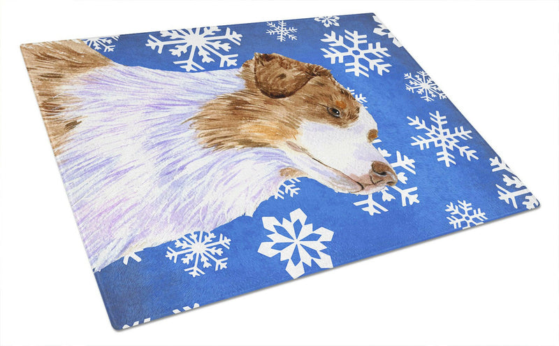 Australian Shepherd Winter Snowflakes Holiday Glass Cutting Board Large