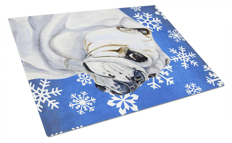 Bulldog English Winter Snowflakes Holiday Glass Cutting Board Large