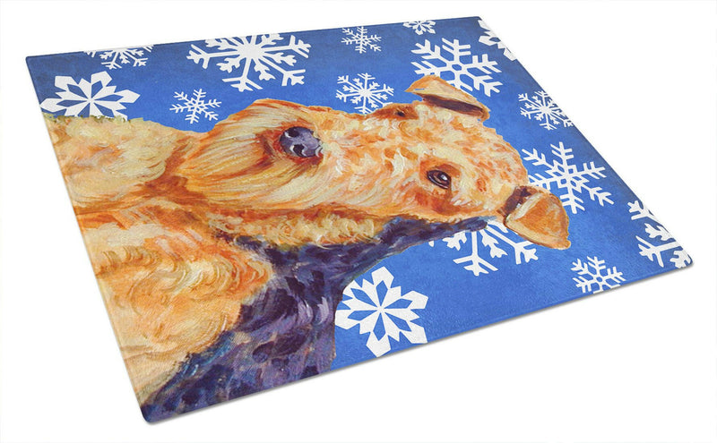 Airedale Winter Snowflakes Holiday Glass Cutting Board Large