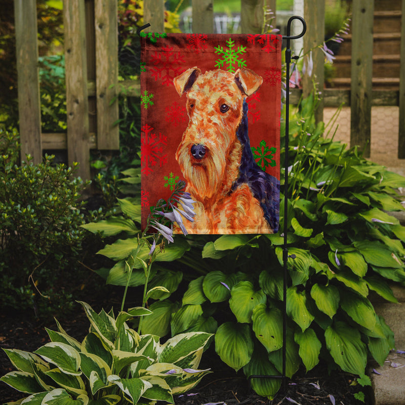 Airedale Red and Green Snowflakes Holiday Christmas Flag Garden Size