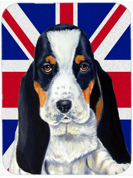 Basset Hound with English Union Jack British Flag Glass Cutting Board Large Size LH9481LCB