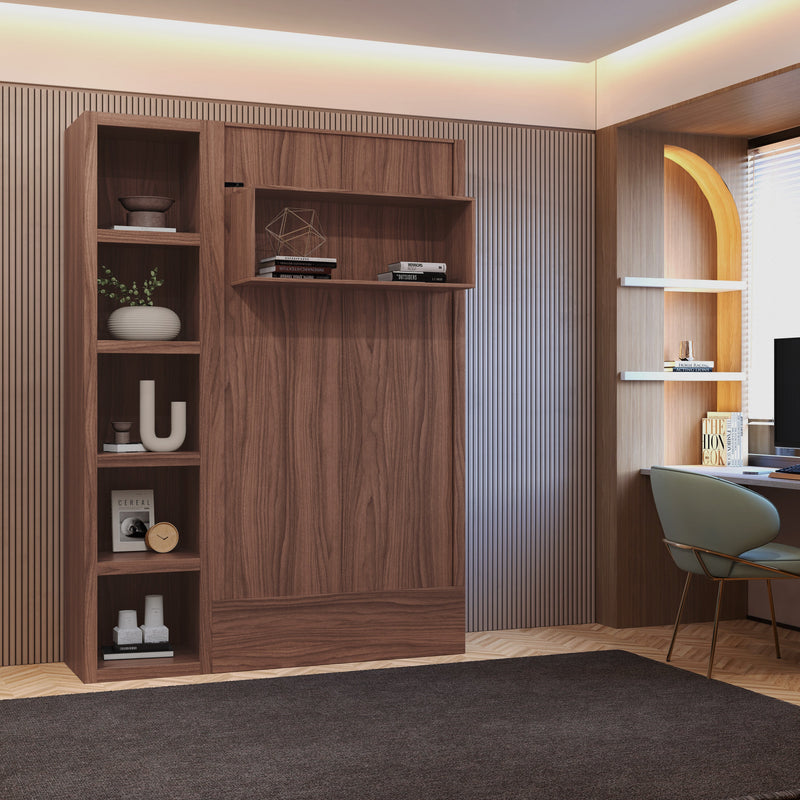 Easy-Lift Twin Murphy Wall Bed in Natural Brown Wood Grain with Bookshelf